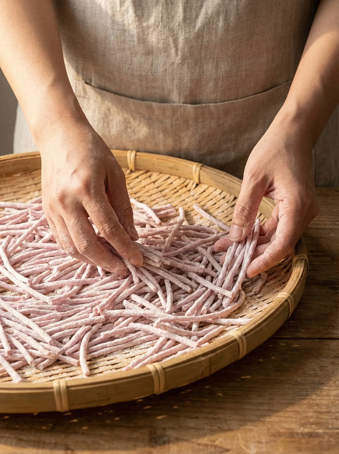 Minh họa chuẩn bị trân châu sợi trên khay tre
